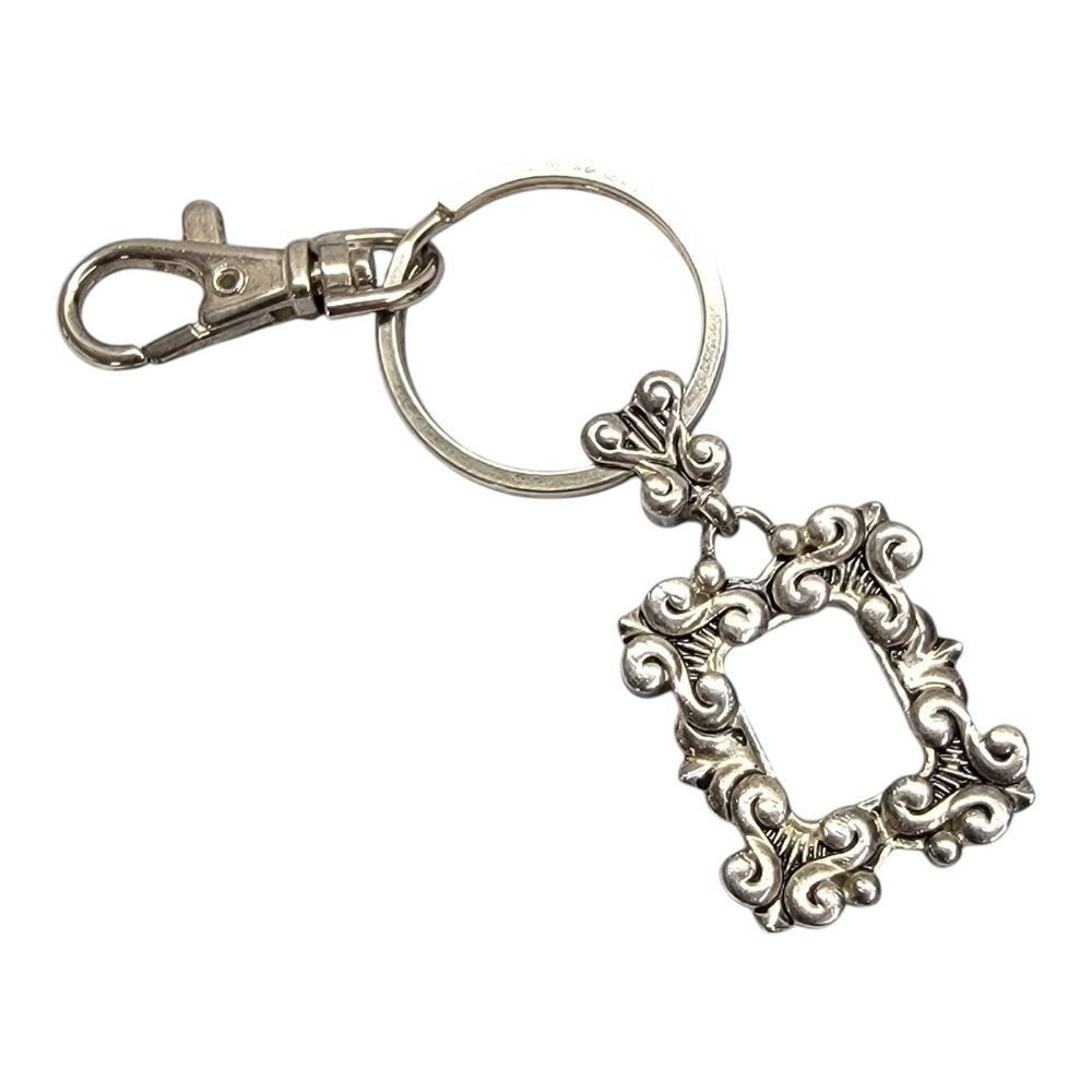 Vintage Ornate Mini Picture Frame Keychain Silver Tone Baroque Charm Key Ring